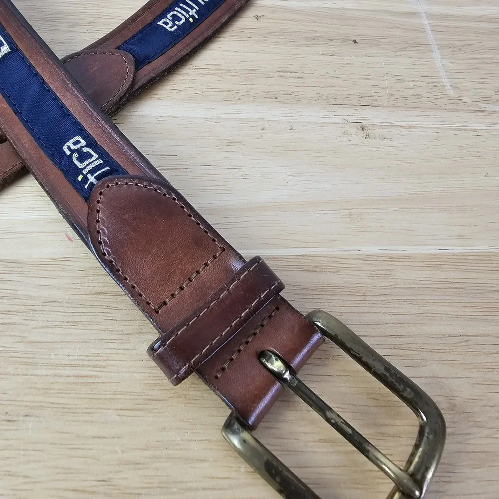 Nautica Belt Mens 40 Nautical Code Flags Embroidered Navy‎ Blue Brown Leather